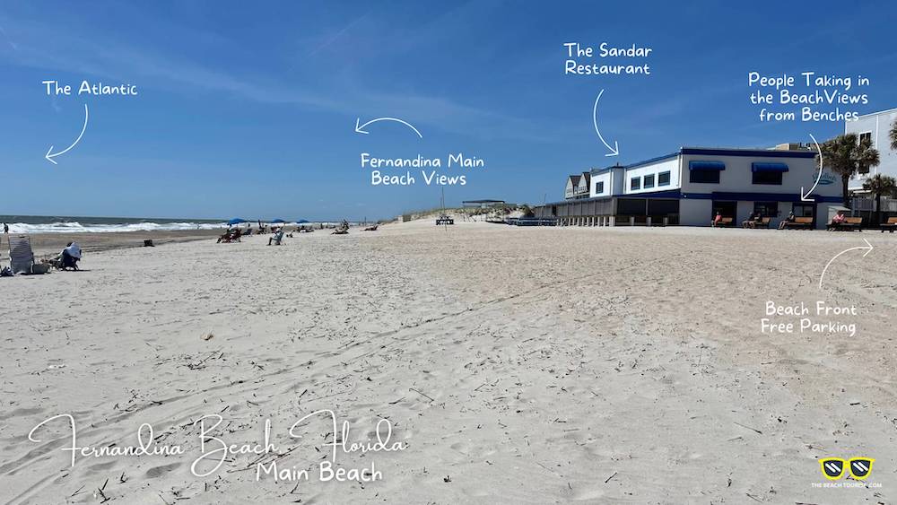 Fernandina Main Beach Florida - Beach View with The Sandbar Restaurant and People Taking in the Beach Views from the Benches